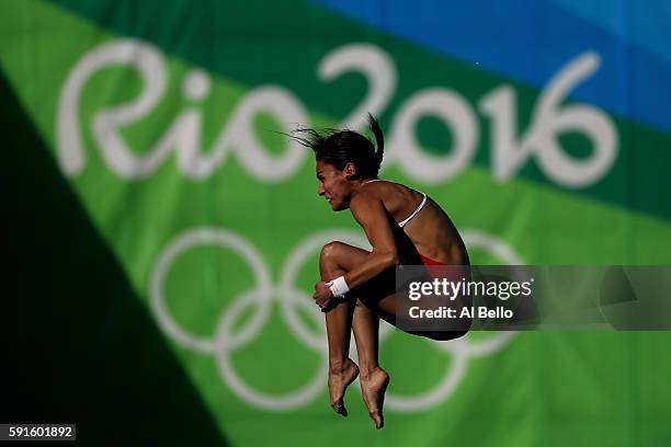 Paola Espinosa of Mexico competes during the Women's 10m Platform Diving preliminaries on Day 12 of the Rio 2016 Olympic Games at Maria Lenk Aquatics...