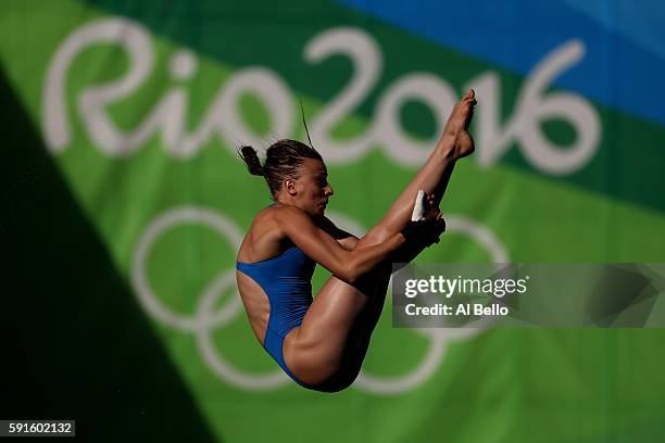 Laura Marino of France competes during the Women's 10m Platform Diving preliminaries on Day 12 of the Rio 2016 Olympic Games at Maria Lenk Aquatics...