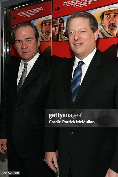 Tommy Lee Jones and Al Gore attend The Premiere of "The Three Burials of Melquiades Estrada" at Paris Theatre on December 12, 2005 in New York City.