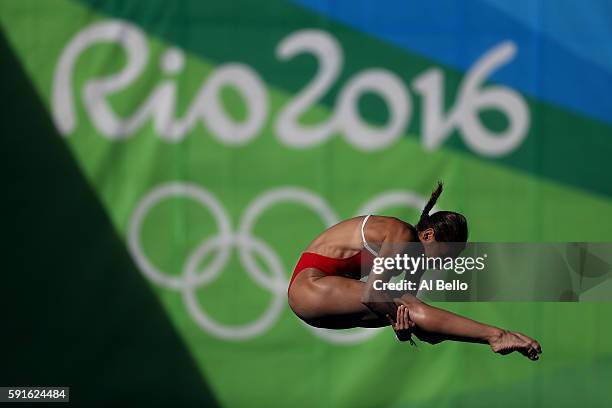 Paola Espinosa of Mexico competes during the Women's 10m Platform Diving preliminaries on Day 12 of the Rio 2016 Olympic Games at Maria Lenk Aquatics...