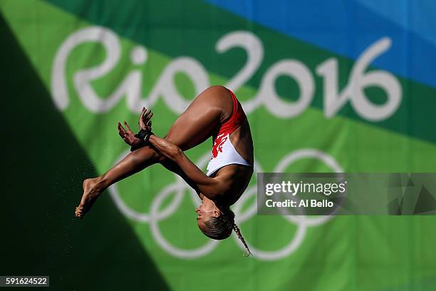 Tonia Couch of Great Britain competes during the Women's 10m Platform Diving preliminaries on Day 12 of the Rio 2016 Olympic Games at Maria Lenk...