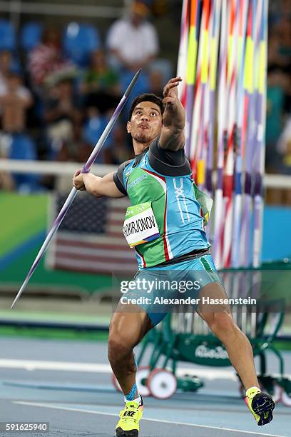 Bobur Shokirjonov of Uzbekistan competes in the Men's Javelin Throw Qualifying Round on Day 12 of the Rio 2016 Olympic Games at the Olympic Stadium...