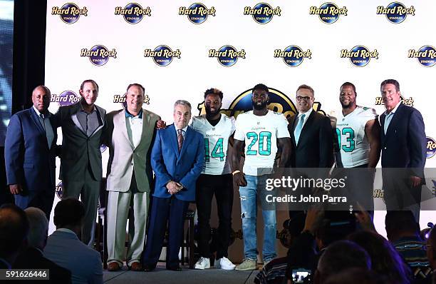 Chris Grier, Adam Gase, Mike Tannenbaum, Jim Allen, Miami Dolphins players Jarvis Landry, Reshad Jones, Tom Garfinkel, Ndamukong Suh and Dan Marino...