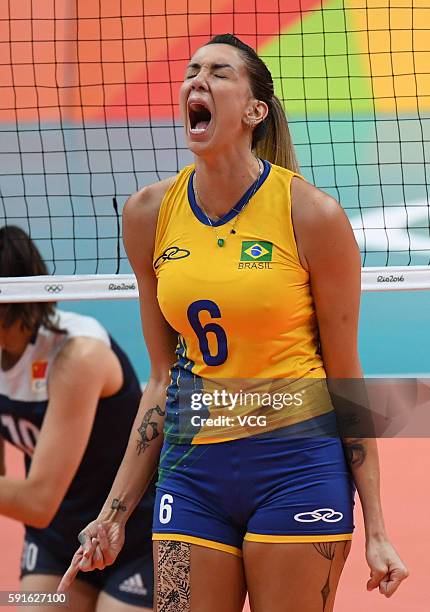 Thaisa Menezes of Brazil in action during the Women's Quarterfinal match between China and Brazil on day 11 of the Rio 2106 Olympic Games at the...