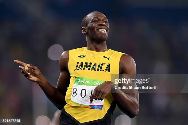 Usain Bolt of Jamaica reacts after competing in the Men's 200m Semifinals on Day 12 of the Rio 2016 Olympic Games at the Olympic Stadium on August...