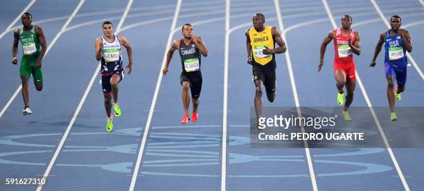 Nigeria's Ejowvokoghene Oduduru, Britain's Adam Gemili, Canada's Andre De Grasse, Jamaica's Usain Bolt, Bahrain's Yaqoob Salem Eid Yaqoob and USA's...