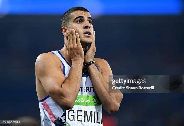 Adam Gemili of Great Britain reacts after competing in the Men's 200m Semifinals on Day 12 of the Rio 2016 Olympic Games at the Olympic Stadium on...