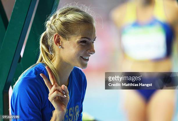 Darya Klishina of Russia poses after competing in the Women's Long Jump Final on Day 12 of the Rio 2016 Olympic Games at the Olympic Stadium on...