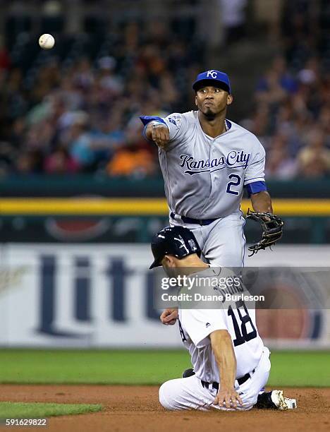 Shortstop Alcides Escobar of the Kansas City Royals turns the ball after getting a force out on Tyler Collins of the Detroit Tigers during the sixth...