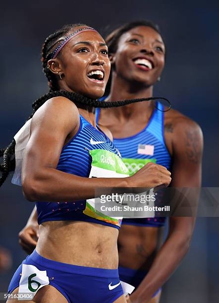Brianna Rollins of the United States reacts after winning the gold medal in the Women's 100m Hurdles Final as silver medalist Nia Ali of the United...