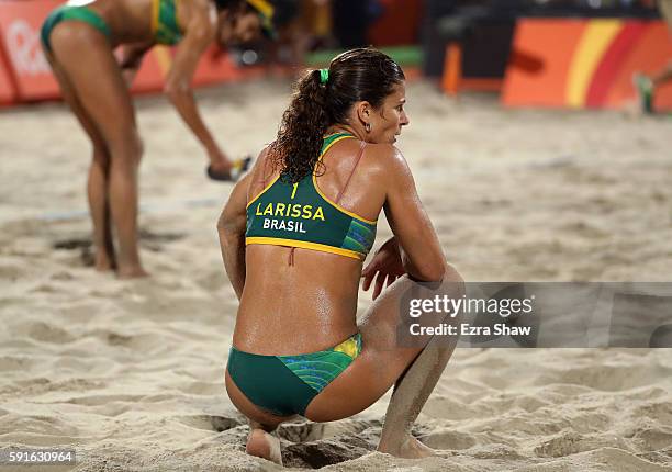 Larissa Franca Maestrini of Brazil reacts after losing the Beach Volleyball Women's Bronze medal match against Kerri Walsh Jennings of the United...