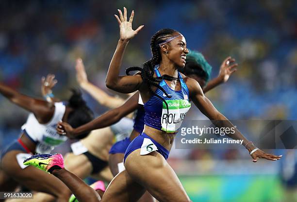 Gold medalist Brianna Rollins of the United States reacts as she wins the Women's 100m Hurdles Final on Day 12 of the Rio 2016 Olympic Games at the...