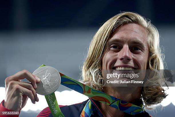 Silver medalist Evan Jager of the United States poses during the medal ceremony for the Men's 3000m Steeplechase Final on Day 12 of the Rio 2016...