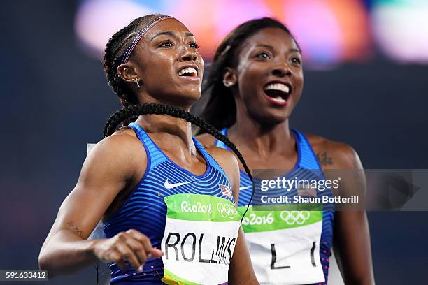 Gold medalist Brianna Rollins and silver medalist Nia Ali of the United States celebrate after the Women's 100m Hurdles Final on Day 12 of the Rio...