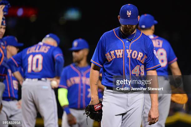 Jonathon Niese of the New York Mets is relieved by manager Terry Collins during the fifth inning of the game against the Arizona Diamondbacks at...