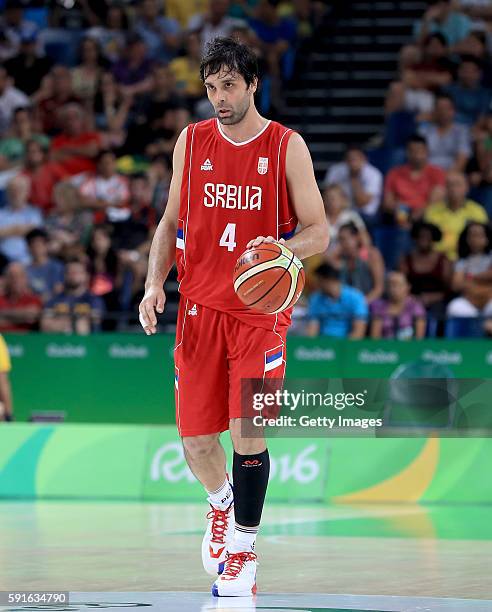 Milos Teodosic of Serbia sets up the offesnse during quarterfinal match against Croatia on August 17, 2016 in Rio de Janeiro, Brazil.