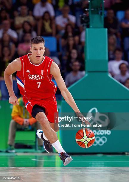 Bogdan Bogdanovic of Serbia moves the ball against Croatia during the Men's Basketball Quarterfinal game at Carioca Arena 1 on Day 12 of the Rio 2016...