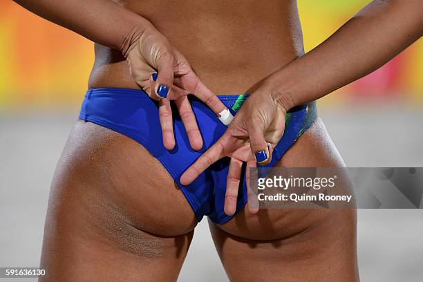 Barbara Seixas de Freitas of Brazil gestures during the Beach Volleyball Women's Gold medal match against Laura Ludwig of Germany and Kira...