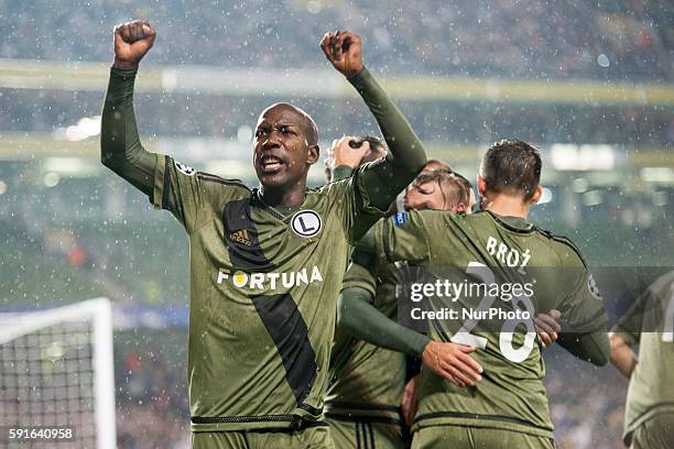 Vadis Odjidja of Legia celebrates after first goal for Legia during the UEFA Champions League Play-Offs 1st leg between Dundalk FC and Legia Warsaw...