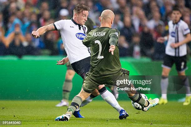 Michal Pazdan of Legia blocks the ball during the UEFA Champions League Play-Offs 1st leg between Dundalk FC and Legia Warsaw at Aviva Stadium in...