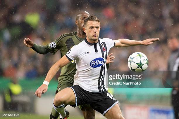 Dane Massey of Dundalk in action during the UEFA Champions League Play-Offs 1st leg between Dundalk FC and Legia Warsaw at Aviva Stadium in Dublin,...