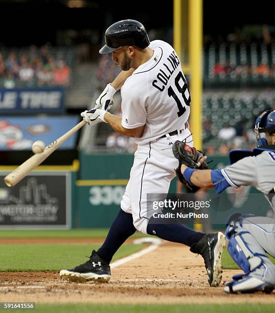 Detroit Tigers center fielder Tyler Collins strikes out swinging during the fourth inning of a baseball game against the Kansas City Royals in...