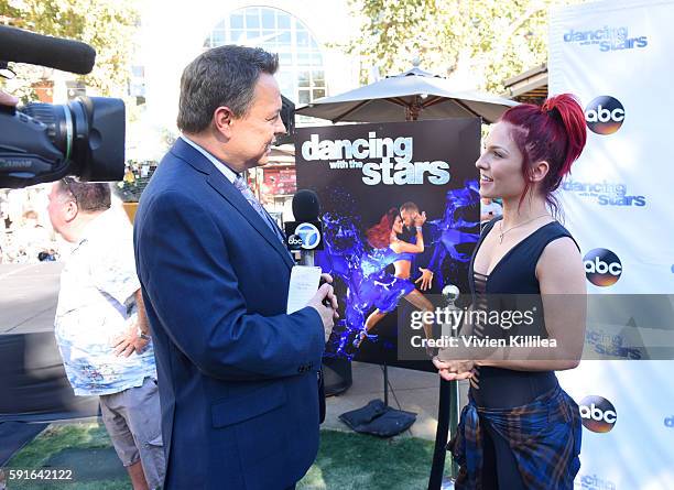 Dancer Sharna Burgess takes an interview at The Grove Hosts Dancing With The Stars Dance Lab With pros Val Chmerkovskiy, Whitney Carson and Sharna...