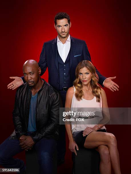 Pictured L-R: DB Woodside, Tom Ellis and Tricia Helfer on LUCIFER. The season 2 premiere episode of Lucifer airs Tuesday, September 19th on FOX.