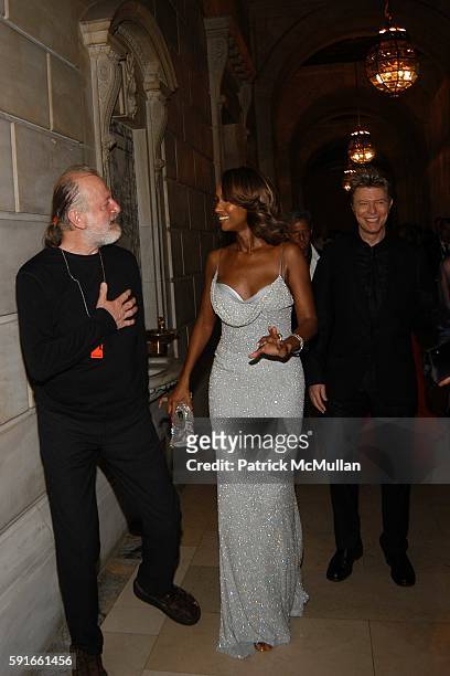 Dan Lecca, Iman and David Bowie attend The 2005 CFDA Fashion Awards at The New York Public Library on June 6, 2005 in New York City.
