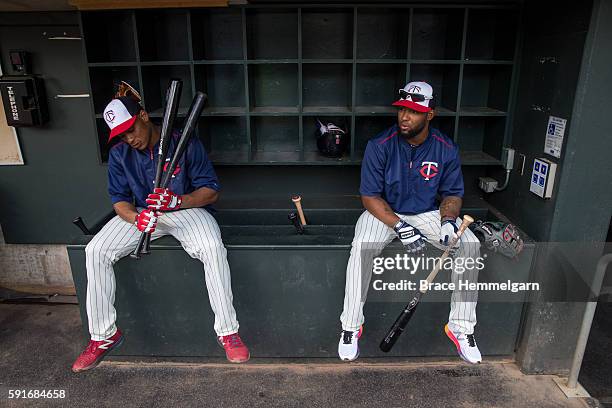 Jorge Polanco of the Minnesota Twins and Danny Santana prior to the game against the Chicago White Sox on July 30, 2016 at Target Field in...