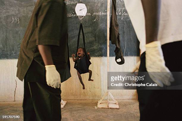 Baby is weighed at an Action Contre la Faim centre. The one-year-old weighs between 3 and 6 kilos, the normal weight for a baby that is a few months...