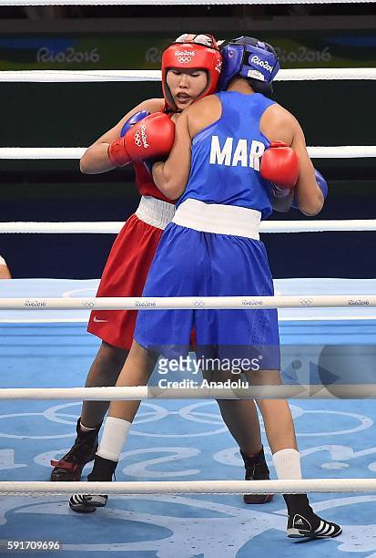 Shakimova Dariga of Kazakhstan fights Mardi Khadija of Morocco in their Womens Middle 69-75kg Quarterfinal 2 on Day 12 of the 2016 Rio Olympics at...