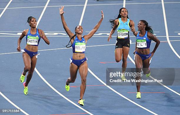 Brianna Rollins, Ali Nia and Kristi Castlin sweep the 100m hurdle final with gold,silver and bronze in the Women's 200m final during the Olympic...