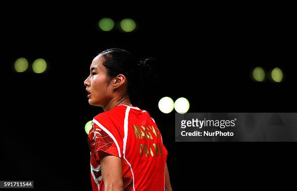 China's Wang Yihan reacts during the women's singles quarterfinal of Badminton against India's Pusarla V. Sindhu at the 2016 Rio Olympic Games in Rio...