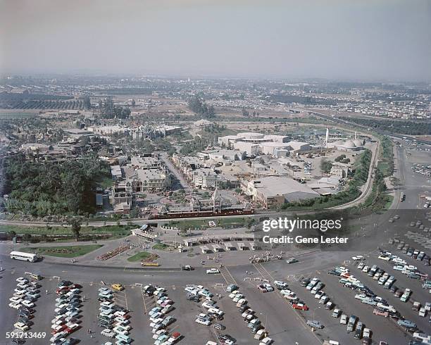 Aerial view of the Disneyland amusement park, Anaheim, California, 1950s.