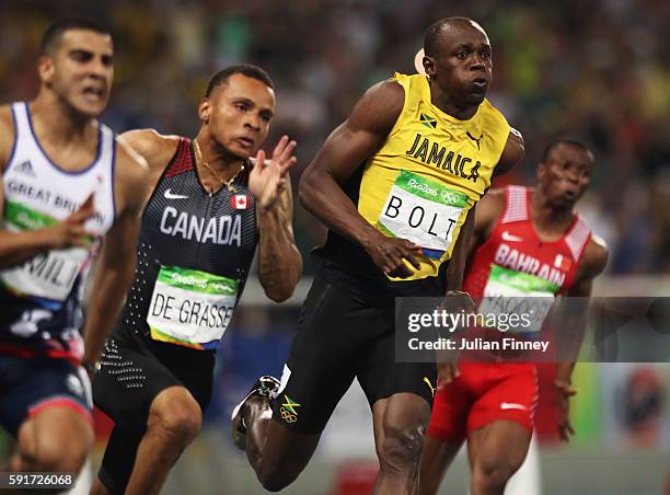 Adam Gemili of Great Britain, Andre de Grasse of Canada and Usain Bolt of Jamaica compete in the Men's 200m Semifinals on Day 12 of the Rio 2016...