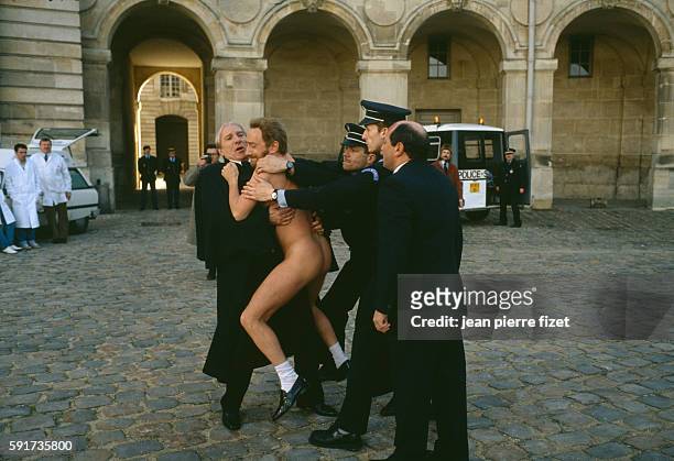 French actors Jean Poiret, Michel Blanc and Roland Blanche in the 1988 movie Une Nuit a l'Assemblee Nationale, directed by Jean-Pierre Mocky.
