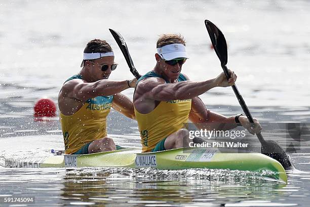 Ken Wallace and Lachlan Tame of Australia compete during the Men's Kayak Double 1000m Final at the Lagoa Stadium on Day 13 of the 2016 Rio Olympic...