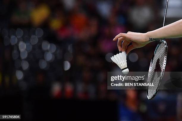 South Korea's Jung Kyung Eun and South Korea's Shin Seung Chan serve against China's Tang Yuanting and China's Yu Yang during their women's doubles...