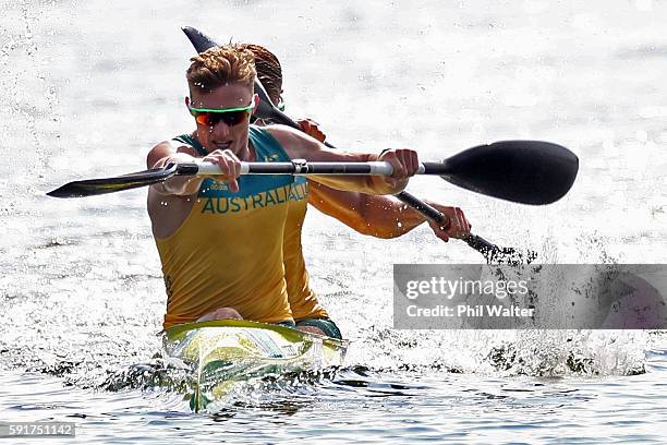 Jordan Wood and Daniel Bowker of Australia compete during the Men's Kayak Double 200m Final at the Lagoa Stadium on Day 13 of the 2016 Rio Olympic...