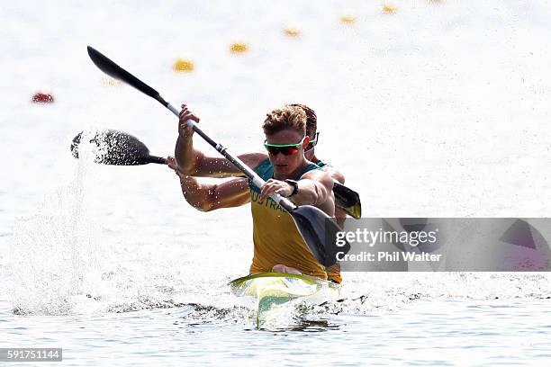 Jordan Wood and Daniel Bowker of Australia compete during the Men's Kayak Double 200m Final at the Lagoa Stadium on Day 13 of the 2016 Rio Olympic...