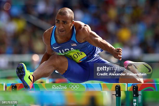 Ashton Eaton of the United States competes in the Men's Decathlon 110m Hurdles on Day 13 of the Rio 2016 Olympic Games at the Olympic Stadium on...