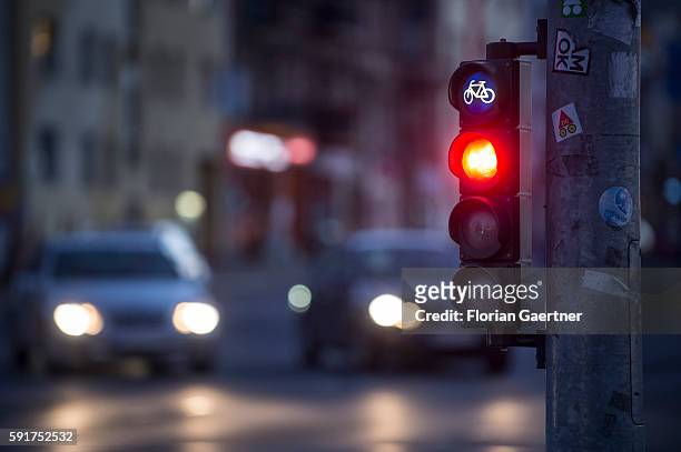 Red cyclists traffic light is captured on August 17, 2016 in Berlin, Germany.