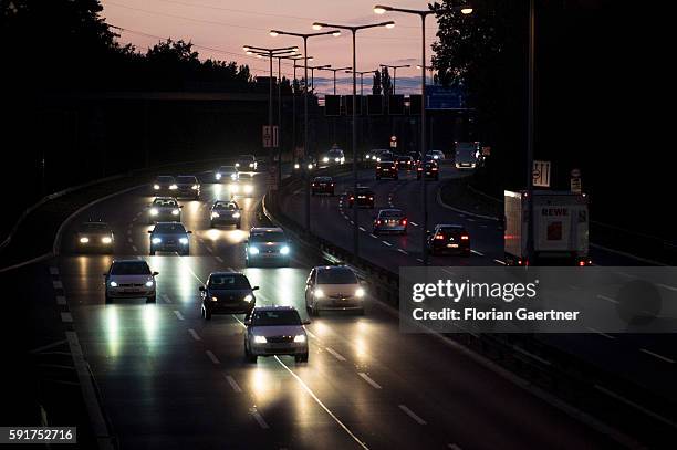 The highway through Berlin is captured during blue hour on August 17, 2016 in Berlin, Germany.