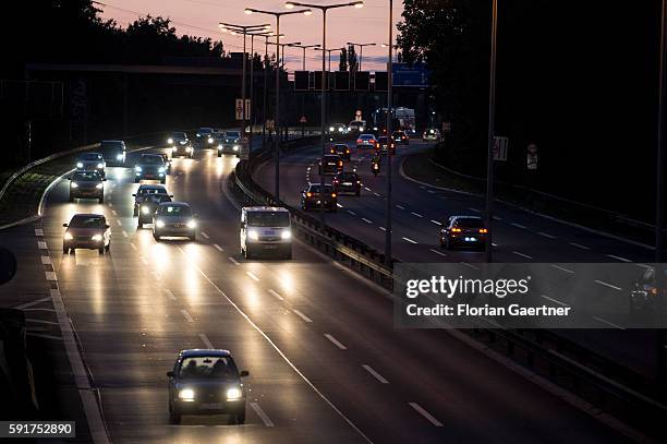 The highway through Berlin is captured during blue hour on August 17, 2016 in Berlin, Germany.