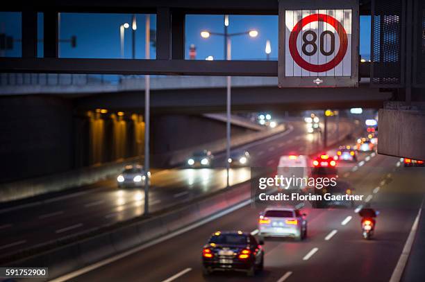 Sign over the highway shows the speed limit of 80 kmph on August 17, 2016 in Berlin, Germany.
