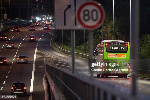 Long-distance bus from 'flixbus' turns onto the highway on August 17, 2016 in Berlin, Germany.