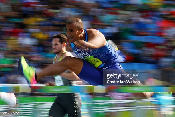 Ashton Eaton of the United States competes in the Men's Decathlon 110m Hurdles on Day 13 of the Rio 2016 Olympic Games at the Olympic Stadium on...