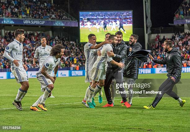 Real Madrid players Marco Asensio, Raphael Varane, Marcelo, Lucas Vazquez, Dani Carvajal,Alvaro Morata, Isco, Nacho celebrate goal and victory with...