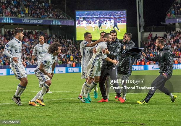 Real Madrid players Marco Asensio, Raphael Varane, Marcelo, Lucas Vazquez, Dani Carvajal,Alvaro Morata, Isco, Nacho celebrate goal and victory with...